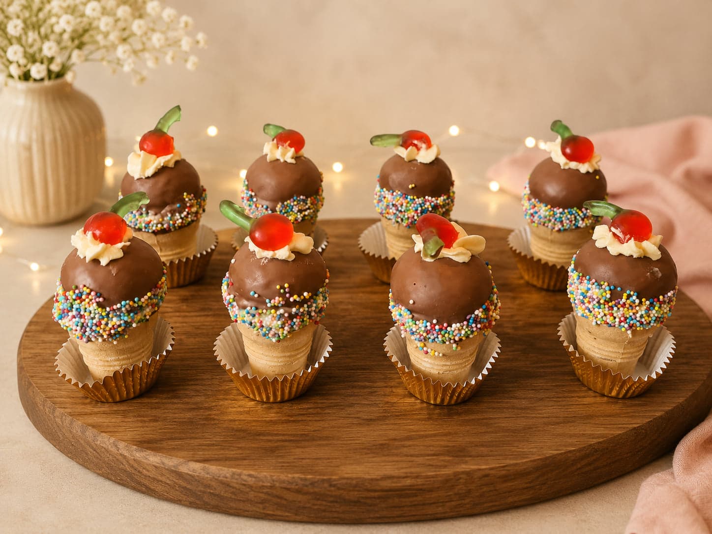 Cakeballetjes op een ijshoorntje, gedoopt in chocolade met sprinkles en een kers erop