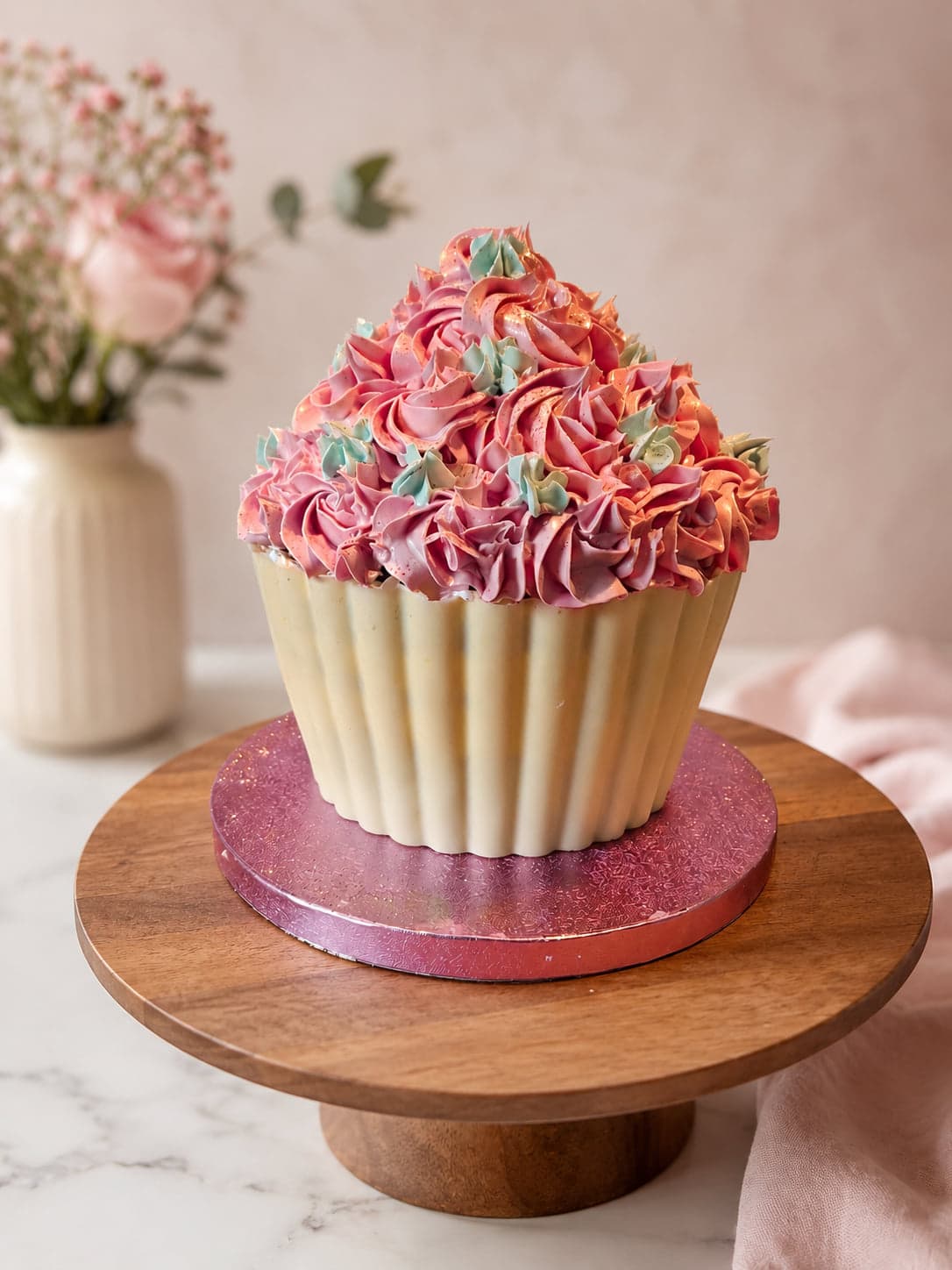 XL cupcake met een omhulsel van witte chocolade en een grote toef roze en groene vanillecrème