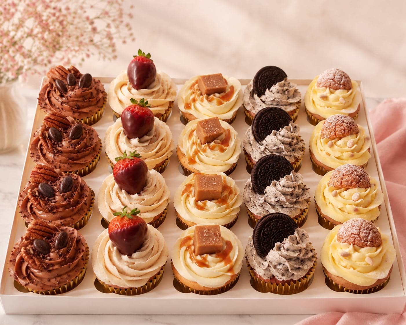 Doos met twintig cupcakes in vijf smaken, met aardbei, karamel, oreo en chocolade