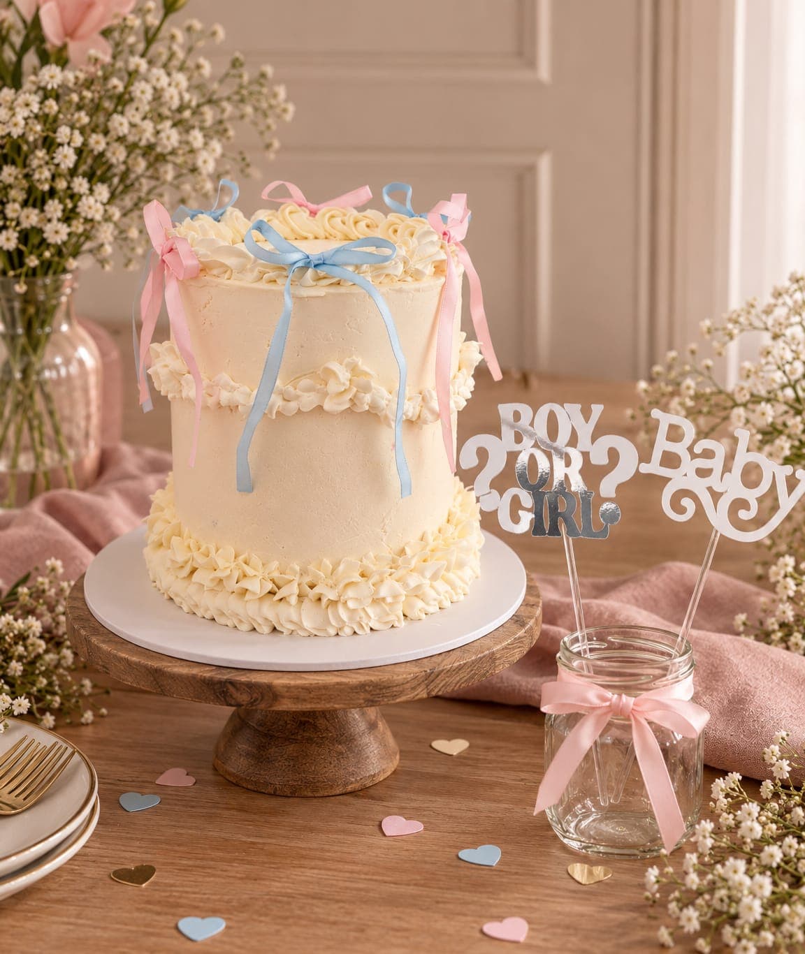 Hoge genderreveal-taart in crème met gespoten toeven, een rand van ruches en roze en lichtblauwe satijnen strikken, met Boy or girl-toppers ernaast