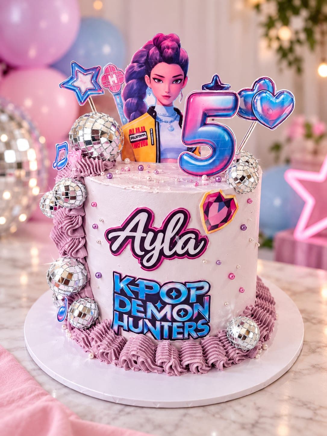 Witte taart met een rand van paarse gespoten ruches, discoballetjes en parels, een K-pop Demon Hunters-print, de naam Ayla en een roze-blauwe 5 als topper