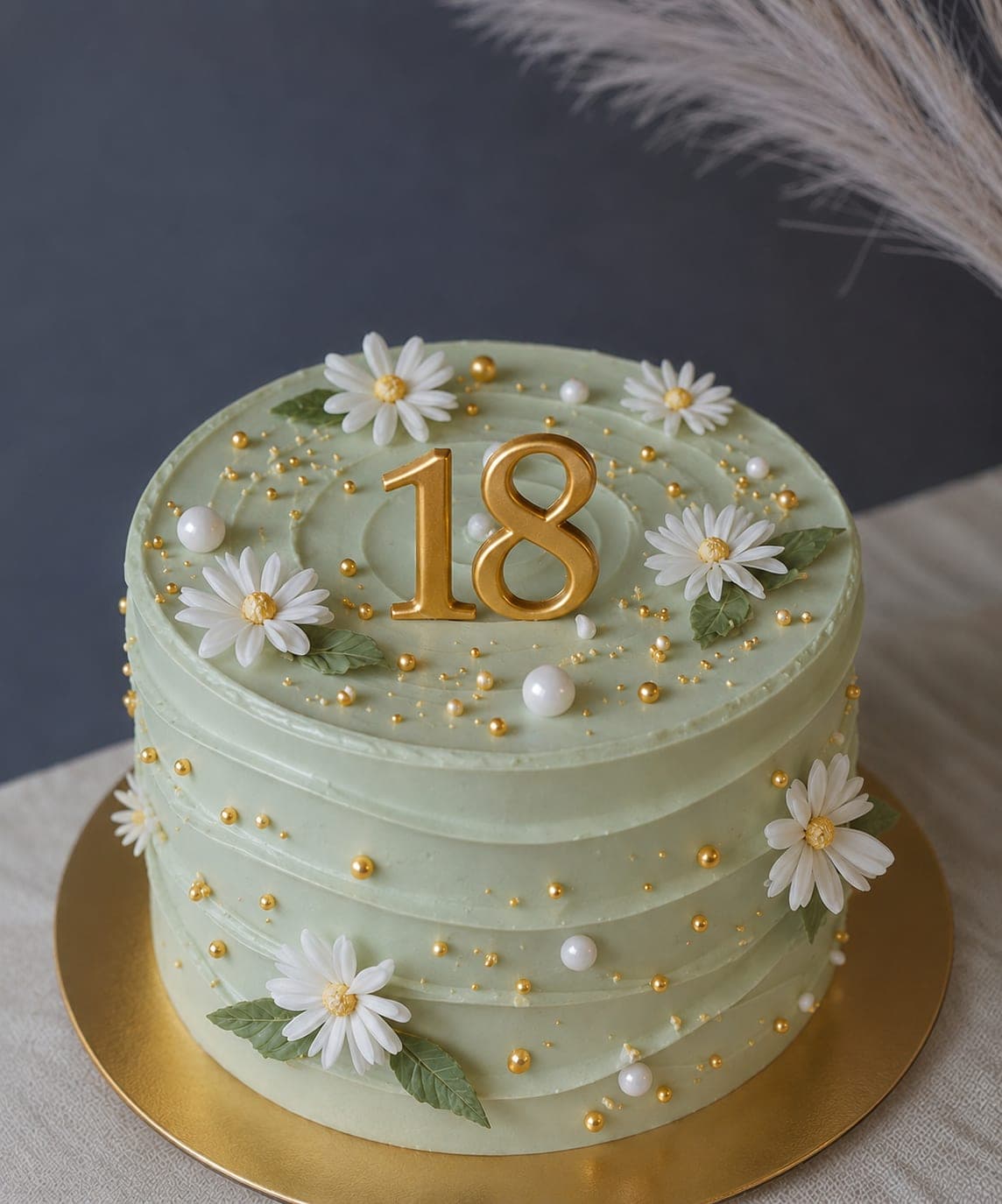 Saliegroene taart met witte madeliefjes, gouden en witte parels en een gouden 18