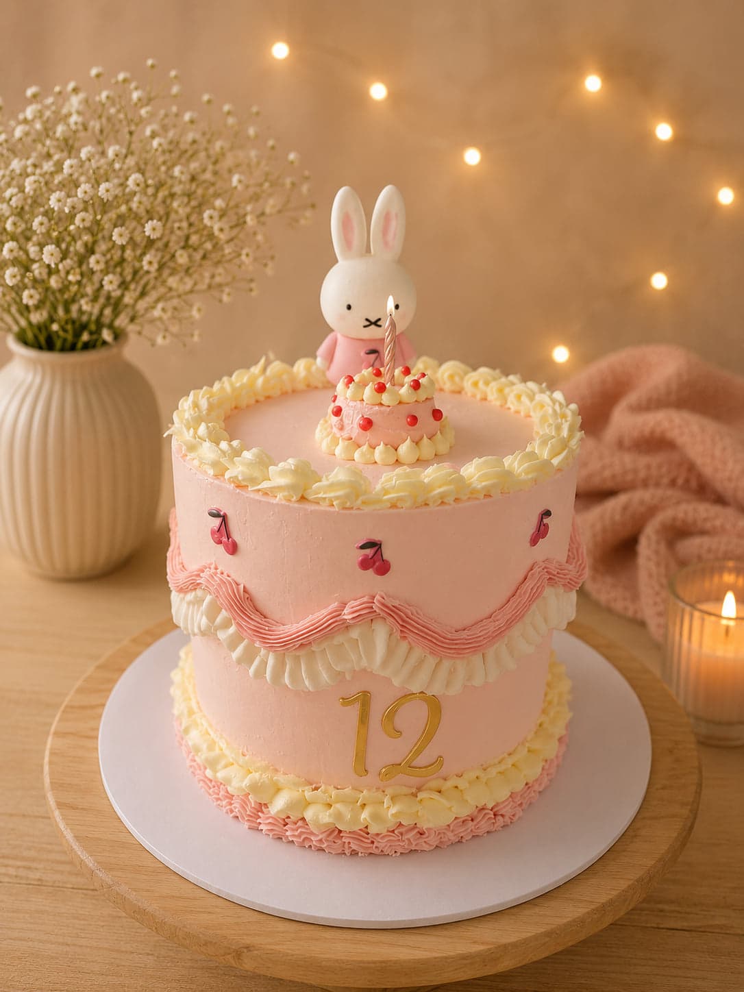 Roze vintage taart met gespoten ruches, kersjes, een gouden 12 en Nijntje als topper
