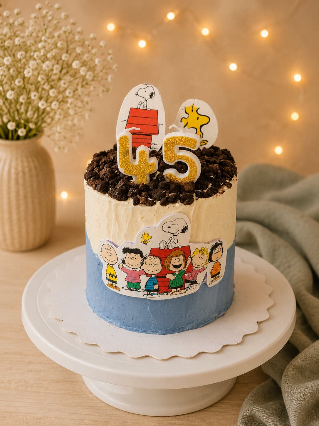 Taart in crème en blauw met Snoopy en Woodstock, chocoladecrumble en gouden kaarsjes 45