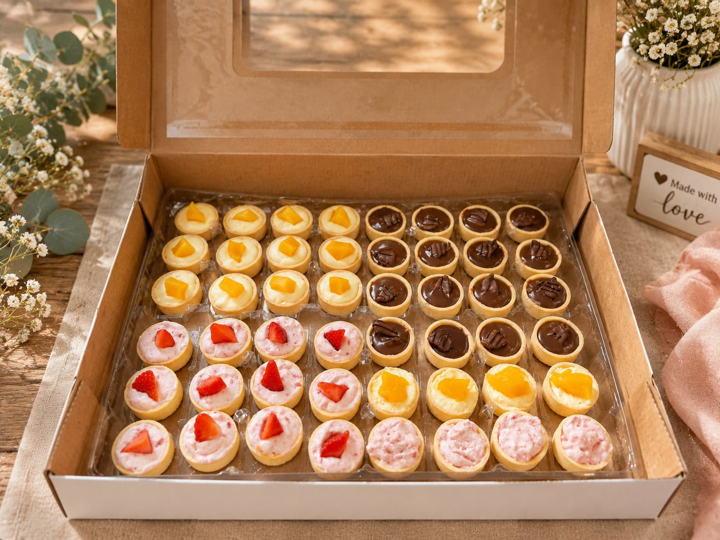 Doos met mini tartelettes, gevuld met mango, chocolade en aardbeienroom