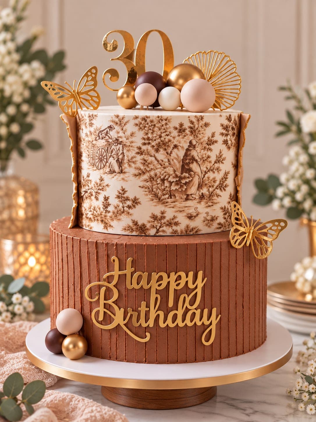 Stapeltaart van twee lagen: boven een toile-print in bruin en crème, onder bruin gestreepte crème met Happy Birthday in goud, afgewerkt met gouden vlinders, bolletjes en een gouden 30