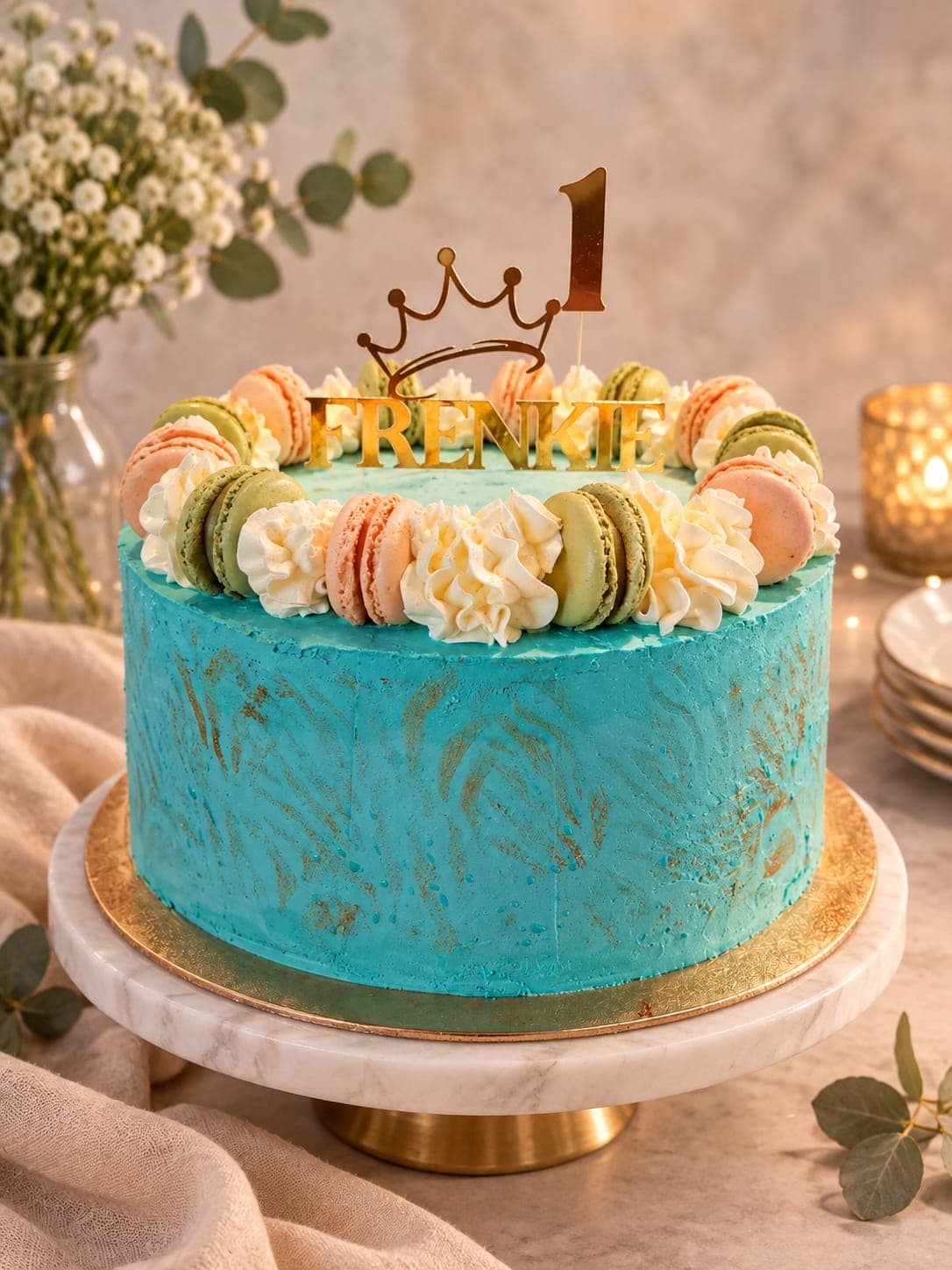 Turquoise taart met goudkleurige penseelstreken, een krans van roze en groene macarons met gespoten toeven, en een gouden topper met een kroon, de naam Frenkie en een 1