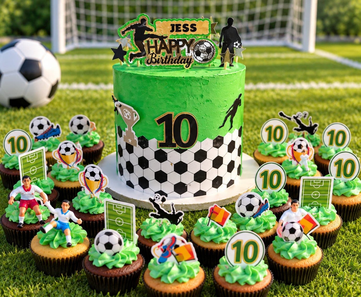 Groene voetbaltaart met een zwart-wit voetbalpatroon onderaan, een gouden 10, een beker en voetballersilhouetten, een Happy Birthday-topper met de naam Jess, en eromheen cupcakes met een groene toef en voetbaltoppers