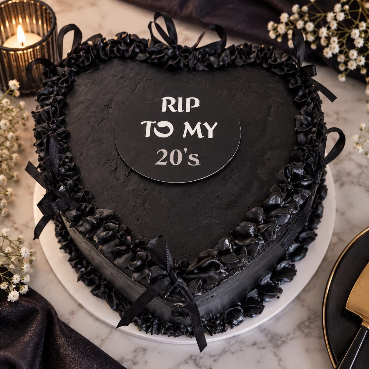 Hartvormige taart in mat zwart met een rand van gespoten ruches, zwarte satijnen strikken en een ronde topper met de tekst RIP to my 20's