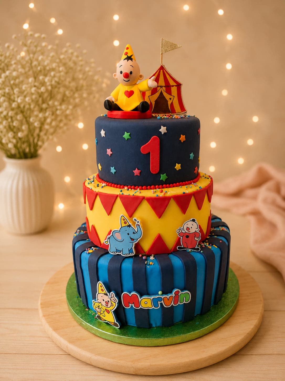 Themataart van drie lagen in circusstijl met Bumba, vlaggetjes en sterren, met de naam Marvin