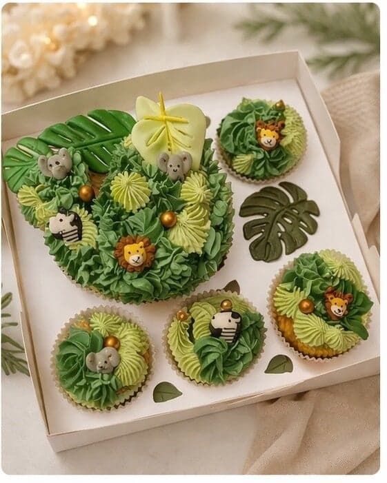 Bento box met een klein taartje en bijpassende cupcakes, gedecoreerd in jungle-thema