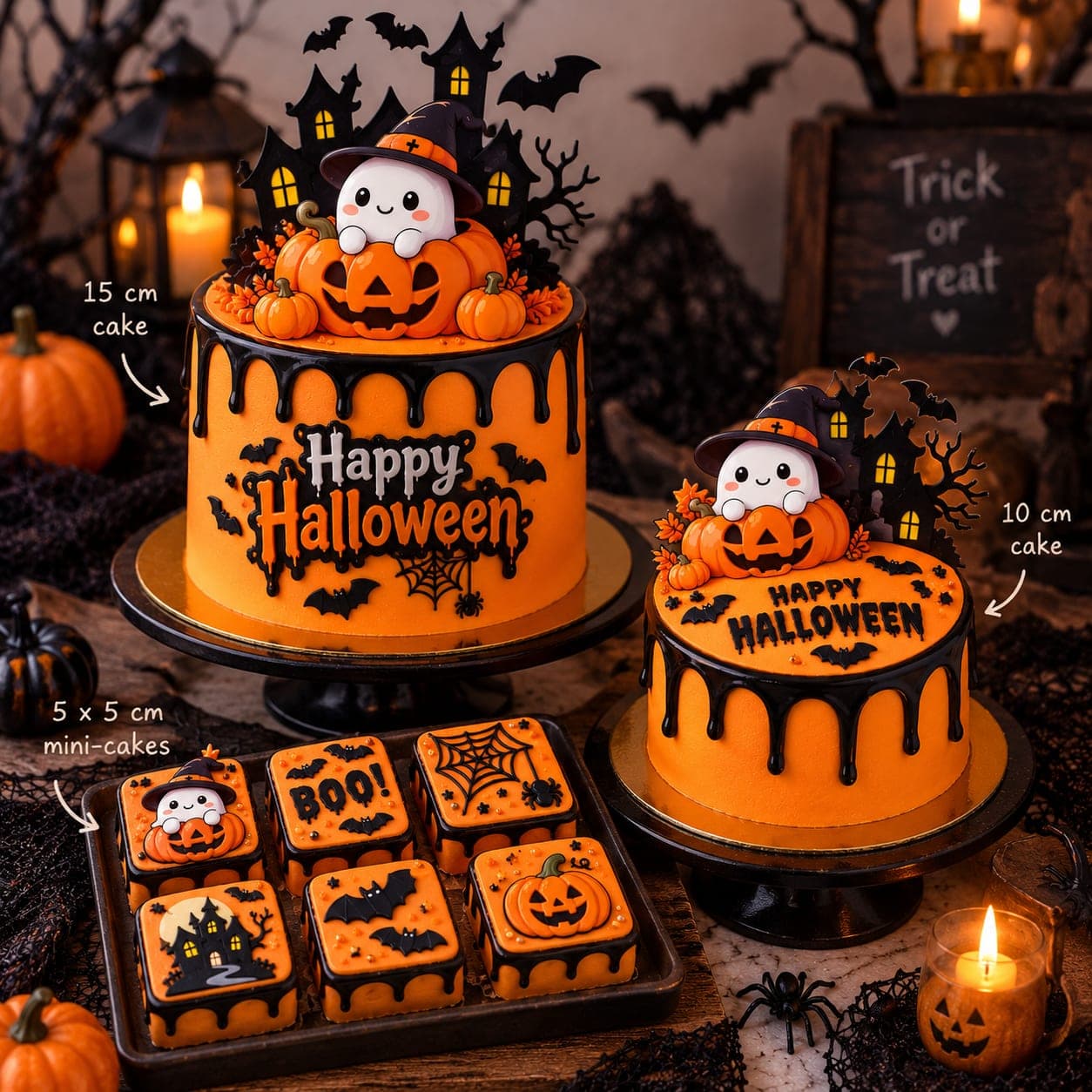 Halloween-assortiment: een taart van 15 cm en een van 10 cm in oranje met zwarte drip, een spookje met heksenhoed op een pompoen en de tekst Happy Halloween, met daarnaast zes vierkante mini cakes met vleermuizen, een spinnenweb, een spookhuis en BOO!
