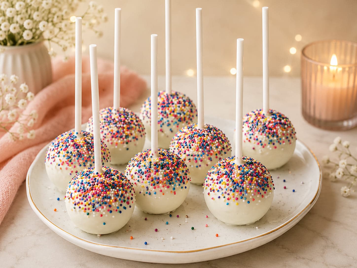 Cakepops met een laag witte chocolade en gekleurde sprinkles, op een bord