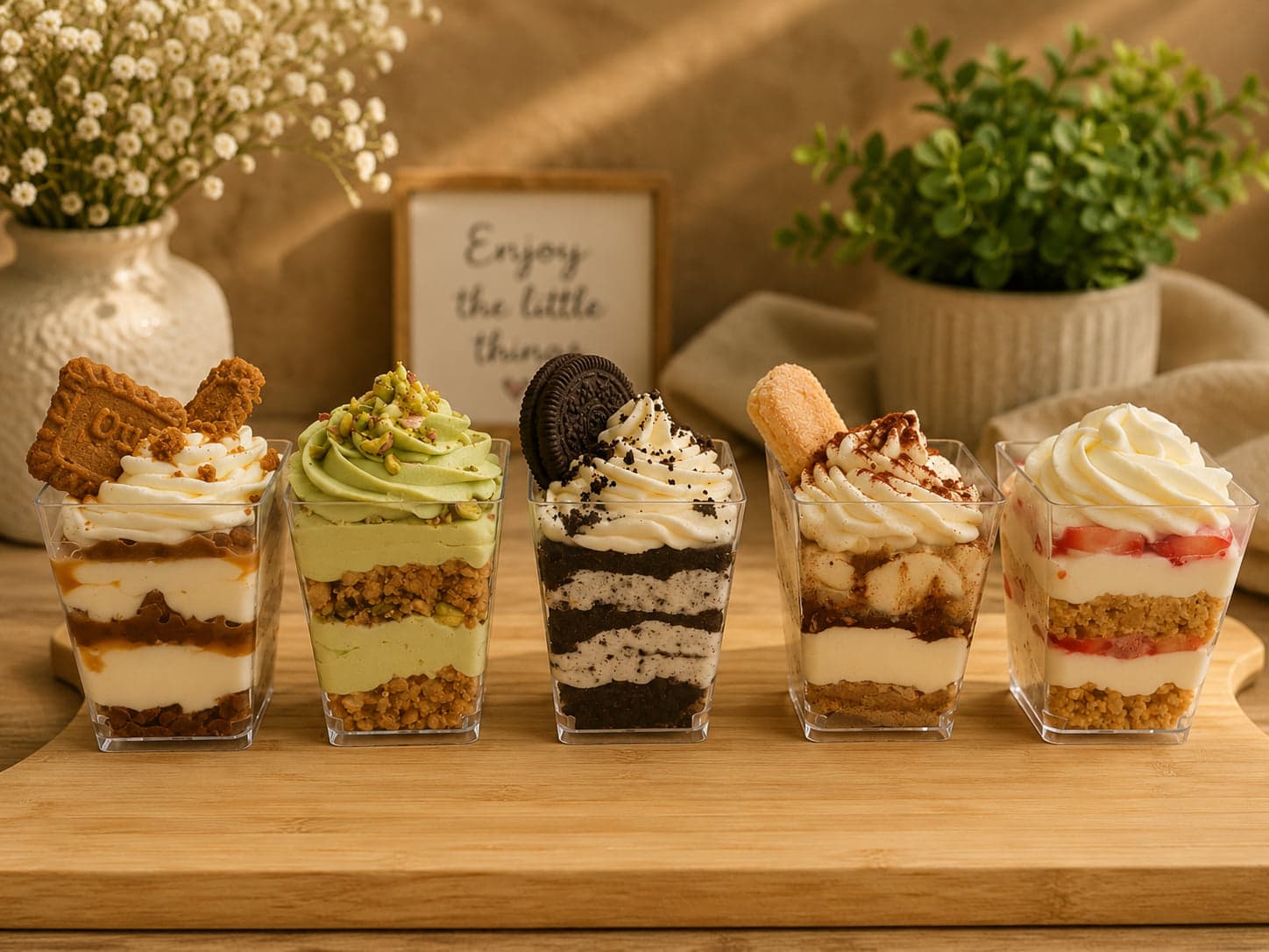 Vijf bakjes lepelgebak in laagjes, met speculoos, pistache, oreo, tiramisu en aardbei, elk met een toef room