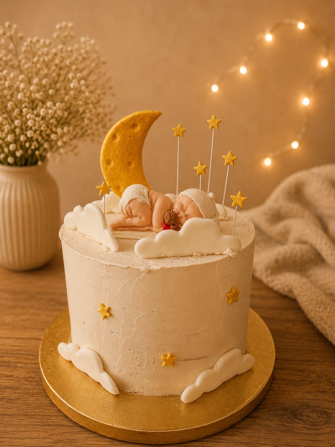 Kraamtaart met een slapend babyfiguurtje van fondant op een wolk, met een maan en sterren op steeltjes